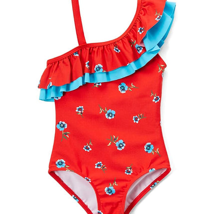 Kanu Surf Girls' Big Morgan Floral Ruffle One-Shoulder 1-Piece Swimsuit, Red, 12