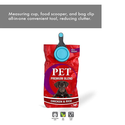Dexas Popware for Pets Collapsible Klip Scoop, 3 in 1 Design Convenient Measuring Cup, Food Scooper and Bag Clip, 1Cup Capacity Pet Food Scoop, Versatile Food Measuring Cups Portion Control Gray/Blue