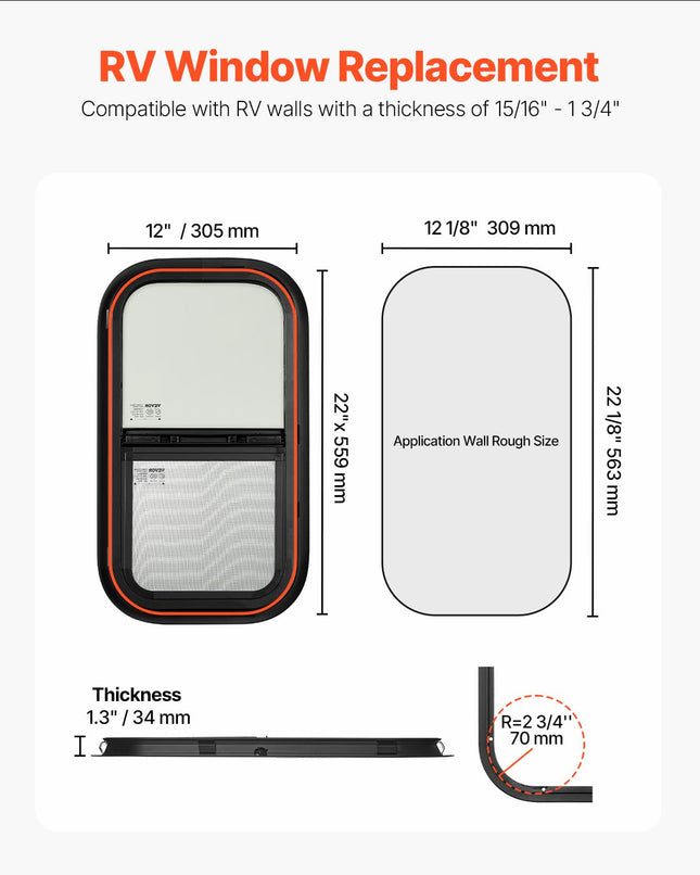 VEVOR Vertical RV Window, 12" W x 22" H Tinted Sliding with Net Screen & Trim Ring, Fit 15/16" - 1 3/4" Thickness Wall, RV Window Replacement for Teardrop Cargo Trailer Camper, DOT Approved