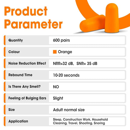 AZEN 600 Pairs Ear Plugs, NRR 32dB Soft Foam Ear Plugs for Sleeping Noise Cancelling, Earplugs for Concerts Shooting Swimming Noise Reduction,Individually Wrapped (Orange)