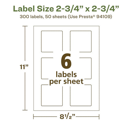 Avery EcoFriendly Matte White Recycled Square Labels, 2.75" x 2.75", Print-to-The-Edge, Matte White Labels, Permanent Adhesive, Laser/Inkjet Printable, 300 Total
