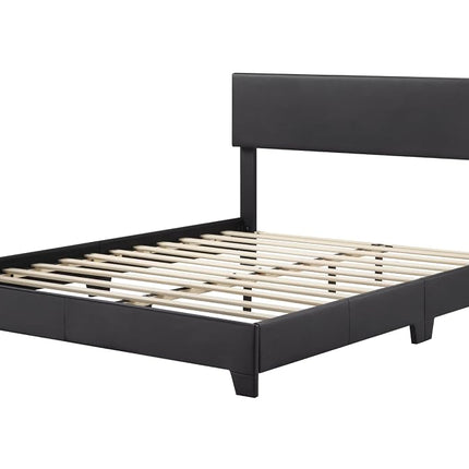 Allewie Queen Bed Frame with Adjustable Headboard, Faux Leather Platform Bed with Wood Slats, Heavy Duty Mattress Foundation, No Box Spring Needed, Noise-Free, Easy Assembly, Black