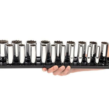 TEKTON 1/2 Inch Drive Deep 12-Point Socket Set with Rails and Tray, 19-Piece (3/8-1-1/2 in.) | SHD92127