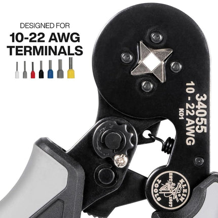 Klein Tools 34055 Ferrule Crimping Tool, Square Crimper Pliers for 10 to 22 AWG Wire Terminals, Built-in Adjustable Ratchet, for Electrical Work
