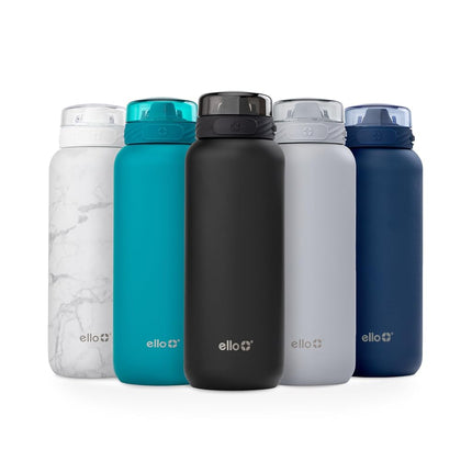 Botella de agua de acero inoxidable Ello Cooper de 946 ml con pajita y asa, de doble pared y aislada al vacío, tapa con cierre a prueba de fugas con boquilla de silicona suave, reutilizable, sin BPA, negra