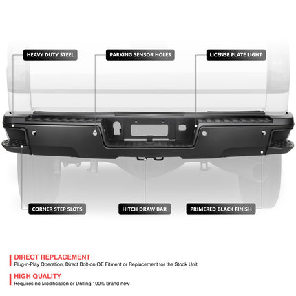 DNA MOTORING Rear Step Bumper Compatible With 2015-2019 Silverado/Sierra 2500HD 3500HD, With Rear Parking Sensor Holes, GM1102563, STEPBUM-10055