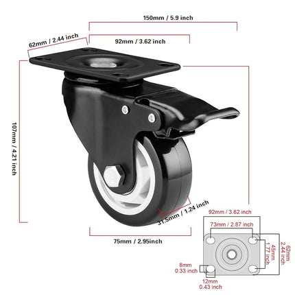 Casters, 3 inch Caster Wheels, Casters Set of 4 Heavy Duty - CLOATFET Locking Casters, Swivel Casters with Brake (Top Plate), Non Marking Black Castor Wheels for Cart Furniture Workbench
