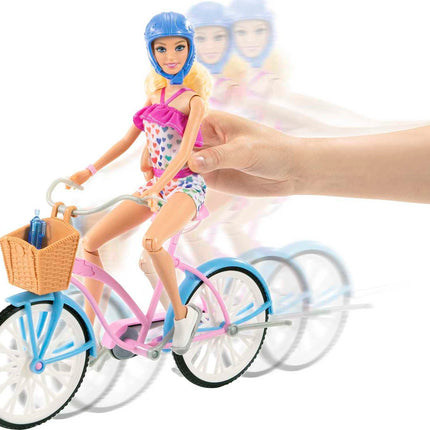 Muñeca Barbie y set de juego de bicicleta con muñeca (29 cm, rubia), bicicleta con ruedas giratorias y accesorio de botella de agua, regalo para niños de 3 a 7 años, azul, rosa, blanco