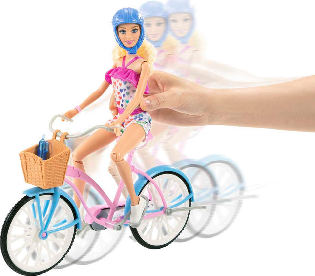 Muñeca Barbie y set de juego de bicicleta con muñeca (29 cm, rubia), bicicleta con ruedas giratorias y accesorio de botella de agua, regalo para niños de 3 a 7 años, azul, rosa, blanco