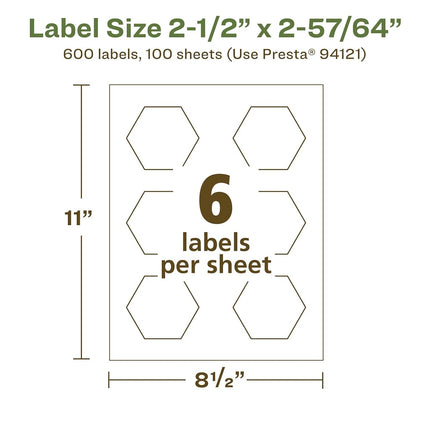 Avery EcoFriendly Matte White Recycled Hexagon Labels, 2-1/2" x 2-57/64", Print-to-The-Edge, Matte White Labels, Permanent Adhesive, Laser/Inkjet Printable, 600 Total