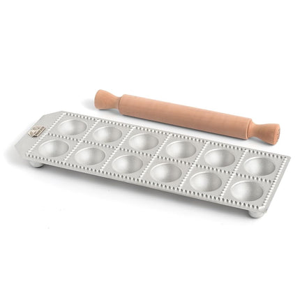 Marcato Ravioli Maker Press - 50 mm Round Cut Machine With Ample Filling Space, Wooden Rolling Pin Included, Made in Italy