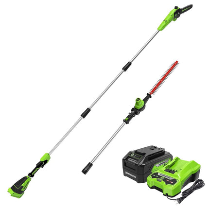 Greenworks 24V Brushless 10" Cordless Polesaw + Pole Hedge Trimmer Combo (Great for Pruning and Trimming Branches/Shrubs), 4.0Ah Battery and Charger Included