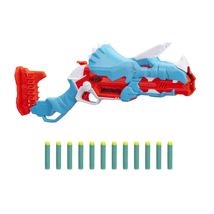NERF DinoSquad Tricera-Blast Dart Blaster, Break-Open 3-Dart Loading, 12 Official Darts, Dart Storage, Triceratops Dinosaur Design
