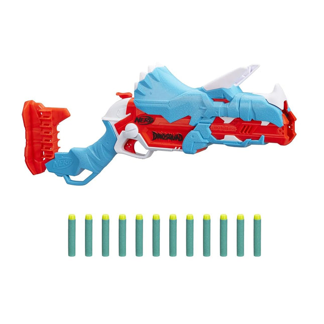NERF DinoSquad Tricera-Blast Dart Blaster, Break-Open 3-Dart Loading, 12 Official Darts, Dart Storage, Triceratops Dinosaur Design