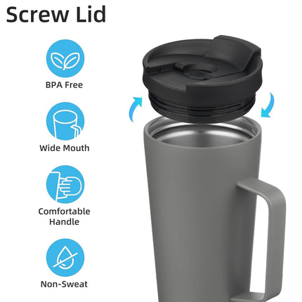 Konokyo Insulated Tumbler with Handle and Straw, 22 OZ Travel Coffee Mug Stainless Steel Cup Metal Water Bottle,Grey