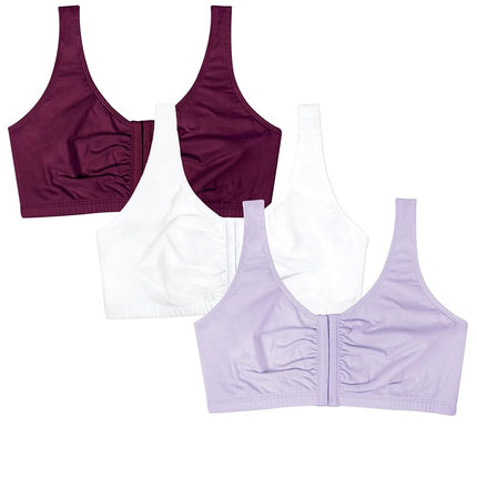 Sujetador deportivo Fruit of the Loom de mujer con cierre frontal, con realce, opaco, en color lila/blanco/morado terciopelo, talla 38 (Paquete de 3)