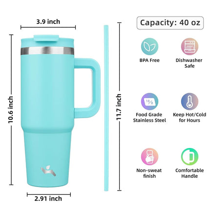 Gobelet Konokyo 40 oz avec poignée et 2 pailles, bouteille d'eau isotherme avec couvercle 2 en 1, tasse de voyage en acier inoxydable, turquoise