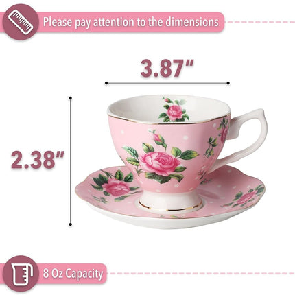BTäT- Floral Tea Cups and Saucers, Set of 2 (Pink - 8 oz) with Gold Trim and Gift Box, Coffee Cups, Floral Tea Cup Set, British Tea Cups, Porcelain Tea Set, Tea Sets for Women, Latte Cups