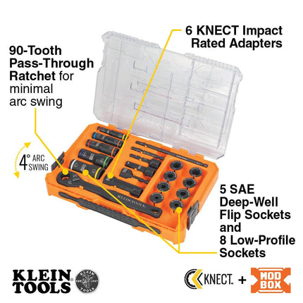Klein Tools 65240 KNECT Impact Deep-Well Flip Socket and Low-Profile Pass Through Socket Set, SAE, 20-Piece, MODbox Case, 1/4-Inch and 3/8-Inch Drive