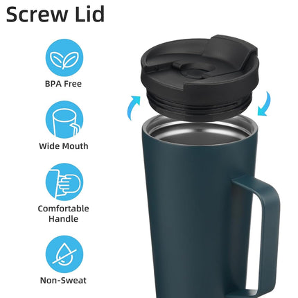 Konokyo Insulated Tumbler with Handle and Straw, 22 OZ Travel Coffee Mug Stainless Steel Cup Metal Water Bottle,Navy Blue