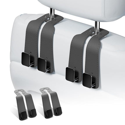Geyrut Ganchos de Reposacabezas para Coche, Gancho Multifuncional de Cuero para Bolsos de Coche, Gancho Doble de Metal para Asiento Trasero, Perchas de Coche para Asientos, Organizadores de Coche (Paquete de 2, Gris)