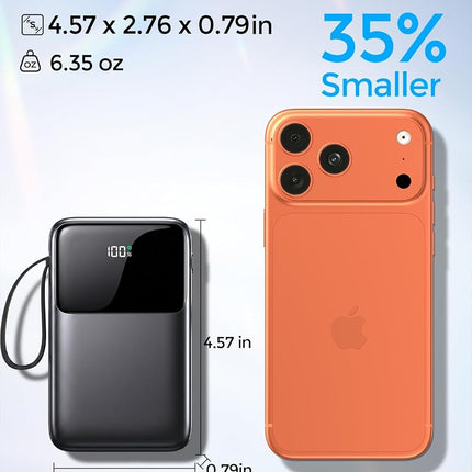 Power Bank, 15000mAh Portable Charger with Built in Cable, 22.5W Fast Charging, 6 Outputs, Slim Travel Essential Battery Pack with LED Display, Compatible with iPhone 17/16/15/14/13, iPad Black