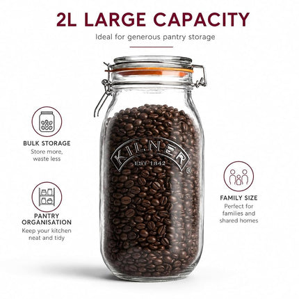 Kilner Clip-Top Storage Jar, 2 Litre, Airtight, Glass, for Fruit, Vegetables, Coffee, Tea, Flour