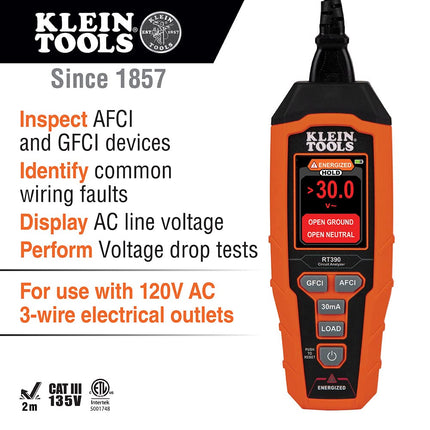 Klein Tools RT390 Circuit Analyzer with Large LCD, Identifies Wiring Faults, GFCI and AFCI Tester, Voltage Drop, Displays Trip Time, Orange