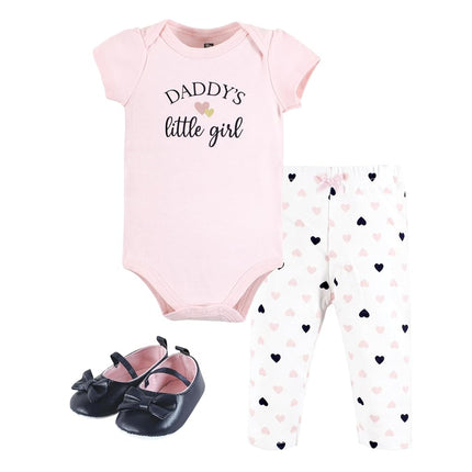Hudson Baby Conjunto de body de algodón, pantalón y zapatos para bebé niña, Girl Daddy Rosa Azul Marino, 12-18 meses