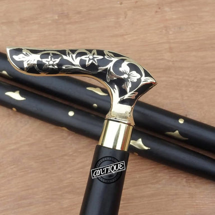 Brass Handle Victorian Foldable Wooden Walking Stick Cane Ideal Vintage Gift Men Women Father/Mother (Black Victorian)