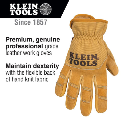 KLEIN TOOLS 60607 Work Gloves, All-Purpose Premium Leather Gloves, Abrasion-Resistant, Heavy-Duty Gloves Ideal for Wire Pulling Work, Medium