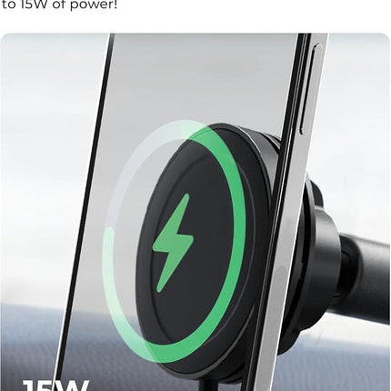 iOttie Velox Qi2 Mini 15W Wireless Charger Car Mount - Dash & Windshield Car Phone Holder - MagSafe Compatible iPhone Mount for Qi2 Smartphones (iPhone 12, 13, 14 and 15) - Car Charger Included