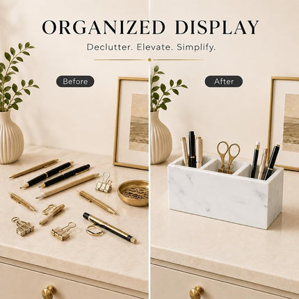 SIRIZEN-DIVING - Marble Pen Holder White Stone Rectangle Desk Organizer for Office Study (White 3 Layers)