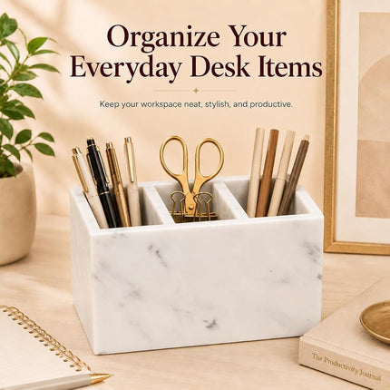 SIRIZEN-DIVING - Marble Pen Holder White Stone Rectangle Desk Organizer for Office Study (White 3 Layers)