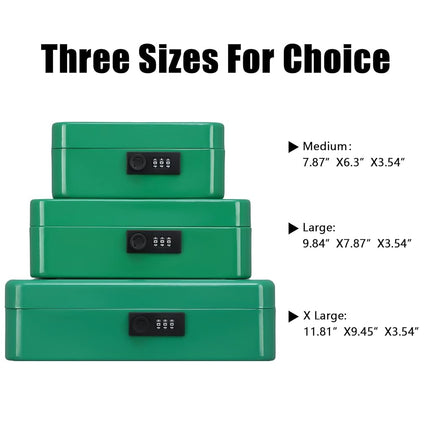 KYODOLED Large Cash Box with Combination Lock,Safe Metal Box for Money, Storage Lock Box with Money Tray,9.84"x 7.87"x 3.54" Green Large