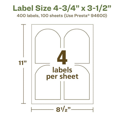 Avery EcoFriendly Matte White Recycled Arched Labels, 4.75" x 3.5", Print-to-The-Edge, Matte White Labels, Permanent Adhesive, Laser/Inkjet Printable, 400 Total