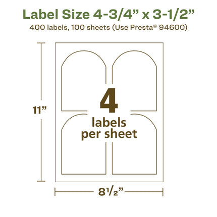 Avery EcoFriendly Matte White Recycled Arched Labels, 4.75" x 3.5", Print-to-The-Edge, Matte White Labels, Permanent Adhesive, Laser/Inkjet Printable, 400 Total