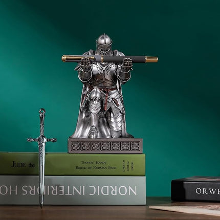 HDMbigmi King's Guard Leader Cloak Warrior Knight Pen Holder Mobile Phone Stand, Ornament Knight Statue, Pen Stand Paperweight with a Metal Sword Letter Opener for Office and Home (Silver)