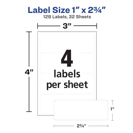 Etiquetas removibles multiuso Avery, etiquetas rectangulares de 2,54 cm x 6,98 cm, blancas, no imprimibles, 128 etiquetas por paquete, 36 paquetes, 4608 etiquetas en blanco en total (6113)