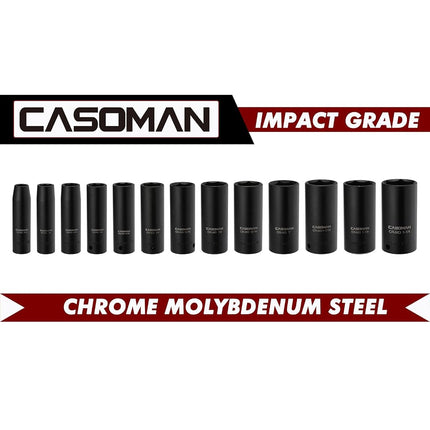 CASOMAN 1/2-Inch Drive Deep Impact Socket Set, 13 Pieces Set, 7/16"-1-1/4", CR-MO, SAE, Heavy Duty Storage Case