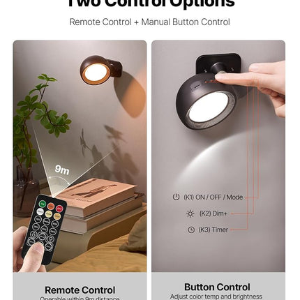 VEVOR 2PCS LED Wall Sconces, Rechargeable Battery Operated Wall Sconces Lamps with Remote Control, 360� Rotation Dimmable Wireless Wall Lights with Adjustable Color Temps, Brightness & 4-Level Timer