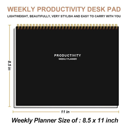 Weekly Productivity Planner - 8.5" x 11" Dashboard Desk Notepad Has 6 Focus Areas to List Tasks for Goals, Projects, Clients, Academic or Meal-Organize Your Daily Work Efficiently, 54 Weeks, Black