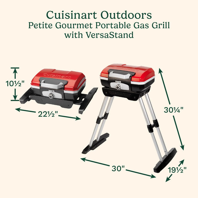 Barbecue à gaz portable Cuisinart Petite Gourmet avec VersaStand, petit barbecue de table compact, surface de cuisson de 150 po², brûleur de 5 500 BTU, base télescopique réglable et poignées de transport (CGG-180C)