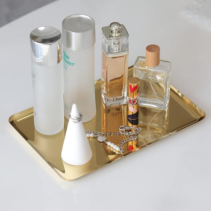 FREELOVE Gold Serving Tray, Stainless Steel Platter Bathroom Sink Vanity Trays Cosmetics Jewelry Organizer Towel Tray Tea Tray Decorative Tray (Gold, Rectangle 12'' by 7.9'')