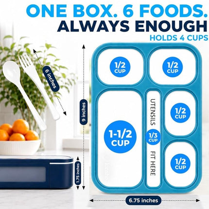 kinsho Bento-Box Lunch Boxes for Kids, Boys, Adults. Leakproof Lunch Set, Bentoboxes for School Or Work. Portion Containers. Bpa Free. 6 Compartments. Fork & Spoon. Blue & Navy Blue Large