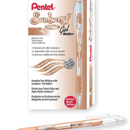 Pentel Sunburst Metallic Gel Pen, 0.8mm Tip Writes 0.4mm Line, Bronze/Transparent Barrel Bronze Ink, Box of 12 (K908-ME) by Pentel