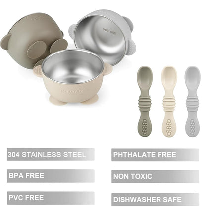 PandaEar 3 Pack Stainless Steel Suction Baby Bowls & 3 Baby Feeding Spoons | Non-Slip Stay Put Bowls & Soft Silicone First Stage Spoons for Toddlers, BPA-Free Baby Led Weaning Set (Linen Brown Grey)