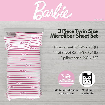 Parure de draps 3 pièces super doux et confortable en microfibre Franco Collectibles Barbie Logo, taille double (produit sous licence officielle)