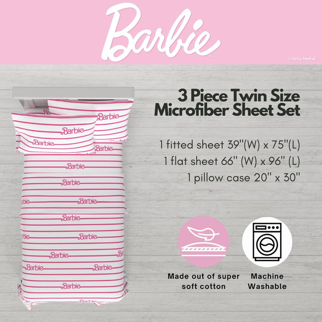Franco Collectibles Barbie Logo Bedding Super Soft Cozy Microfiber 3 Piece Twin Sheet Set, (Officially Licensed Product)
