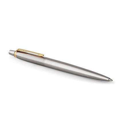 PARKER Jotter Ballpoint Pen, Stainless Steel with Golden Trim, Medium Point Blue Ink (1953206)